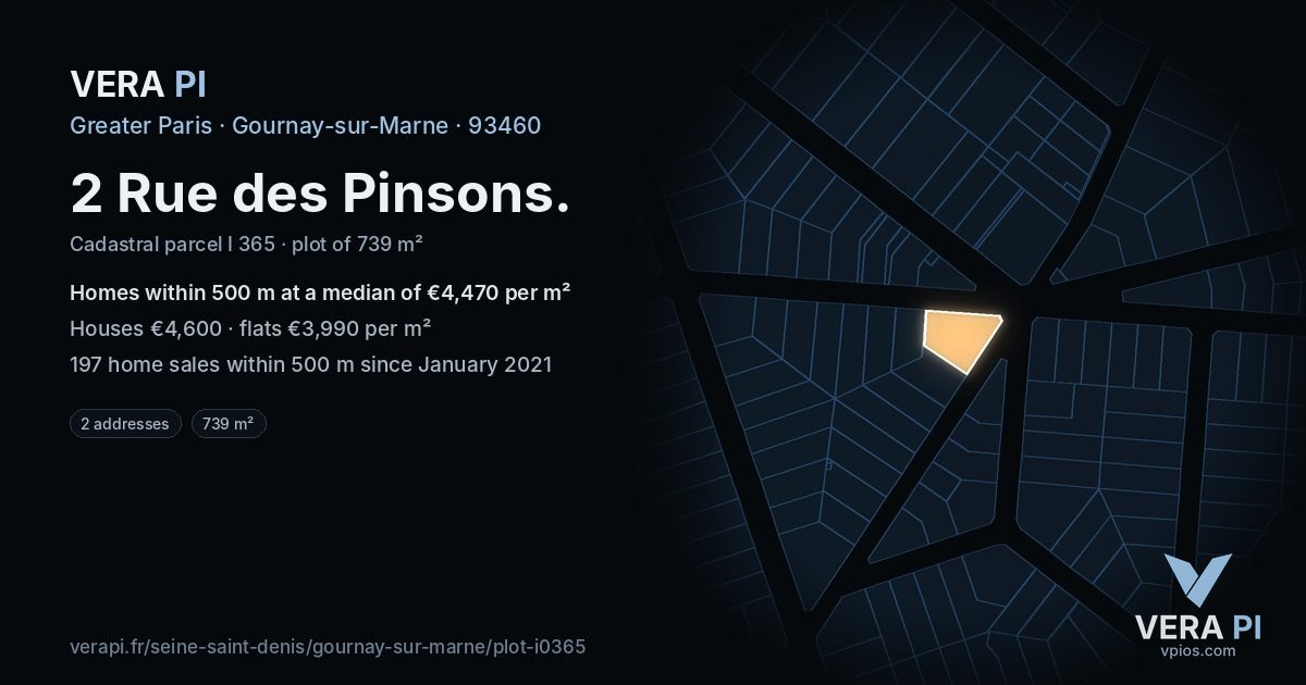 2 Rue des Pinsons, Gournay-sur-Marne at night – the plot lit, the parcels around coloured by the prices near them
