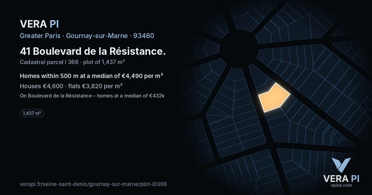 41 Boulevard de la Résistance, Gournay-sur-Marne at night – the plot lit, the parcels around coloured by the prices near them