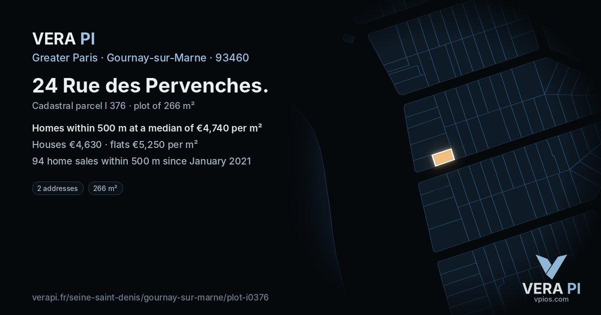 24 Rue des Pervenches, Gournay-sur-Marne at night – the plot lit, the parcels around coloured by the prices near them