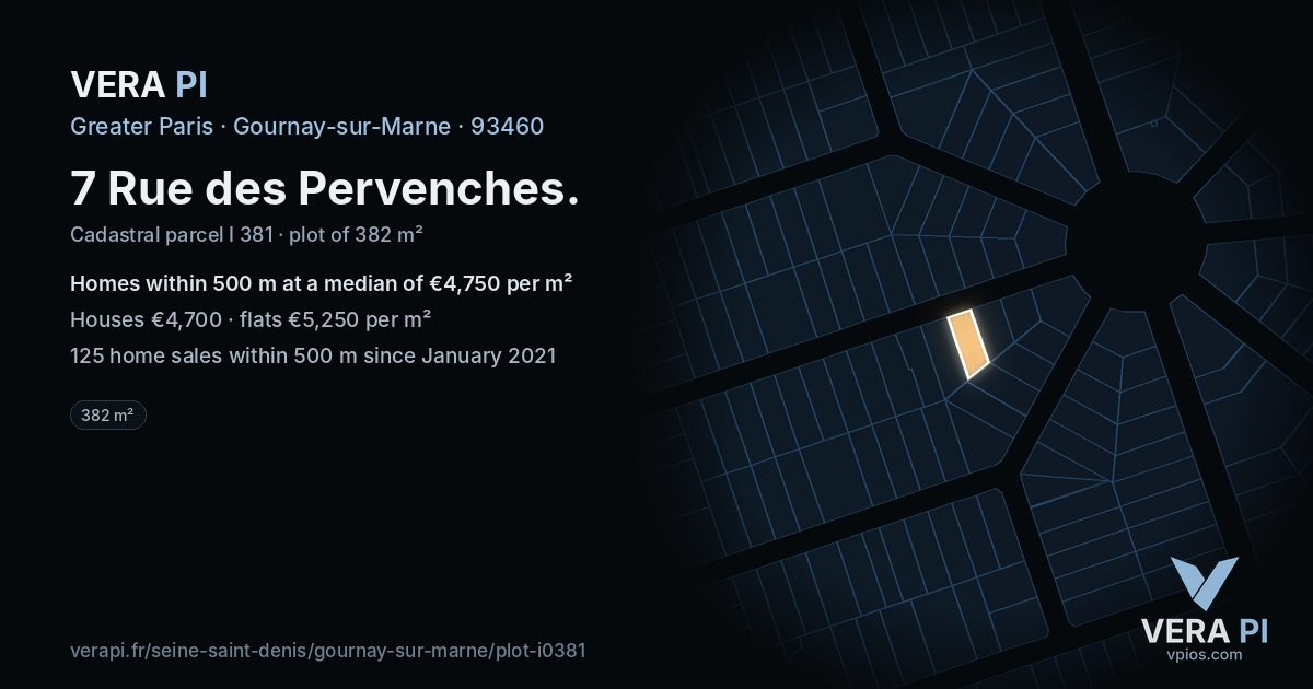 7 Rue des Pervenches, Gournay-sur-Marne at night – the plot lit, the parcels around coloured by the prices near them