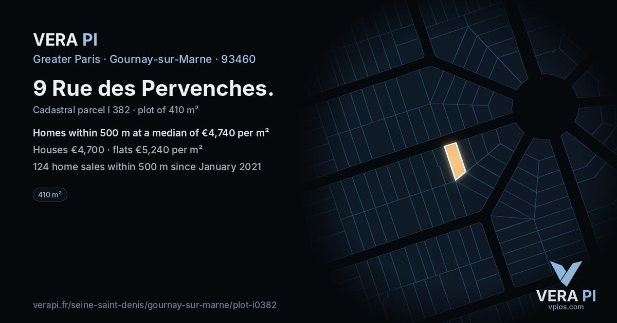 9 Rue des Pervenches, Gournay-sur-Marne at night – the plot lit, the parcels around coloured by the prices near them