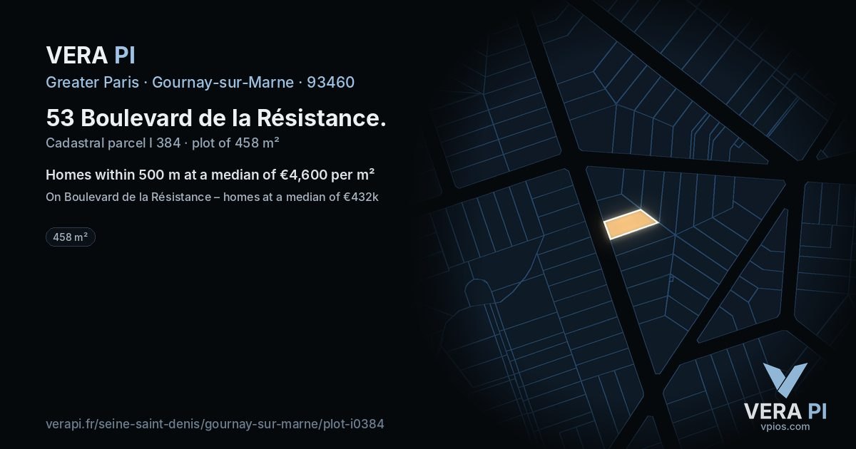 53 Boulevard de la Résistance, Gournay-sur-Marne at night – the plot lit, the parcels around coloured by the prices near them