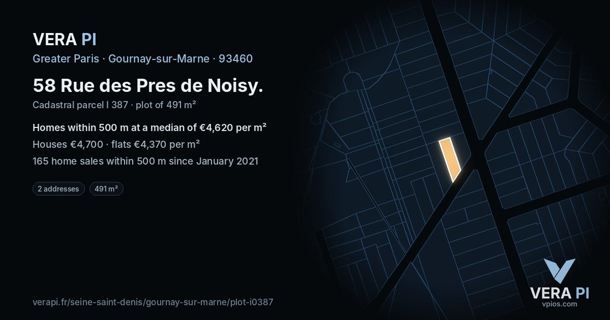 58 Rue des Pres de Noisy, Gournay-sur-Marne at night – the plot lit, the parcels around coloured by the prices near them