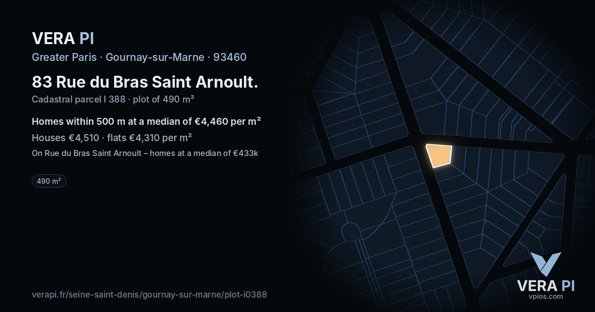 83 Rue du Bras Saint Arnoult, Gournay-sur-Marne at night – the plot lit, the parcels around coloured by the prices near them