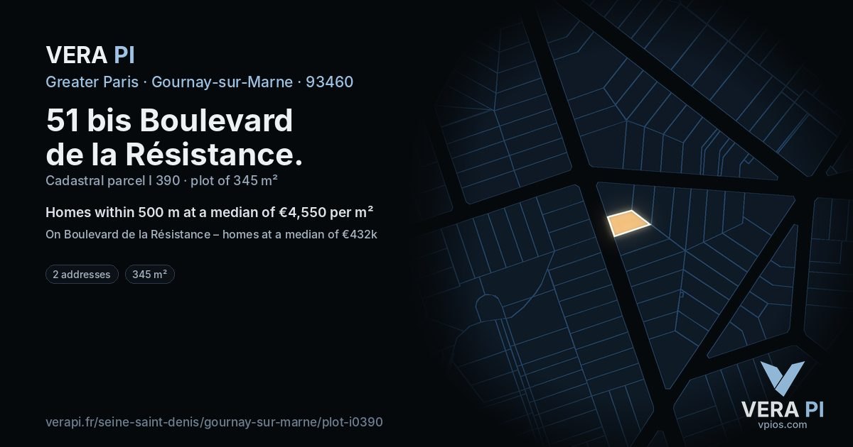 51 bis Boulevard de la Résistance, Gournay-sur-Marne at night – the plot lit, the parcels around coloured by the prices near them