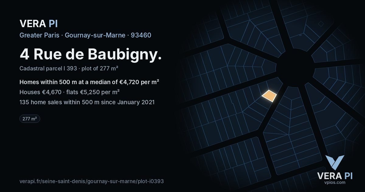 4 Rue de Baubigny, Gournay-sur-Marne at night – the plot lit, the parcels around coloured by the prices near them