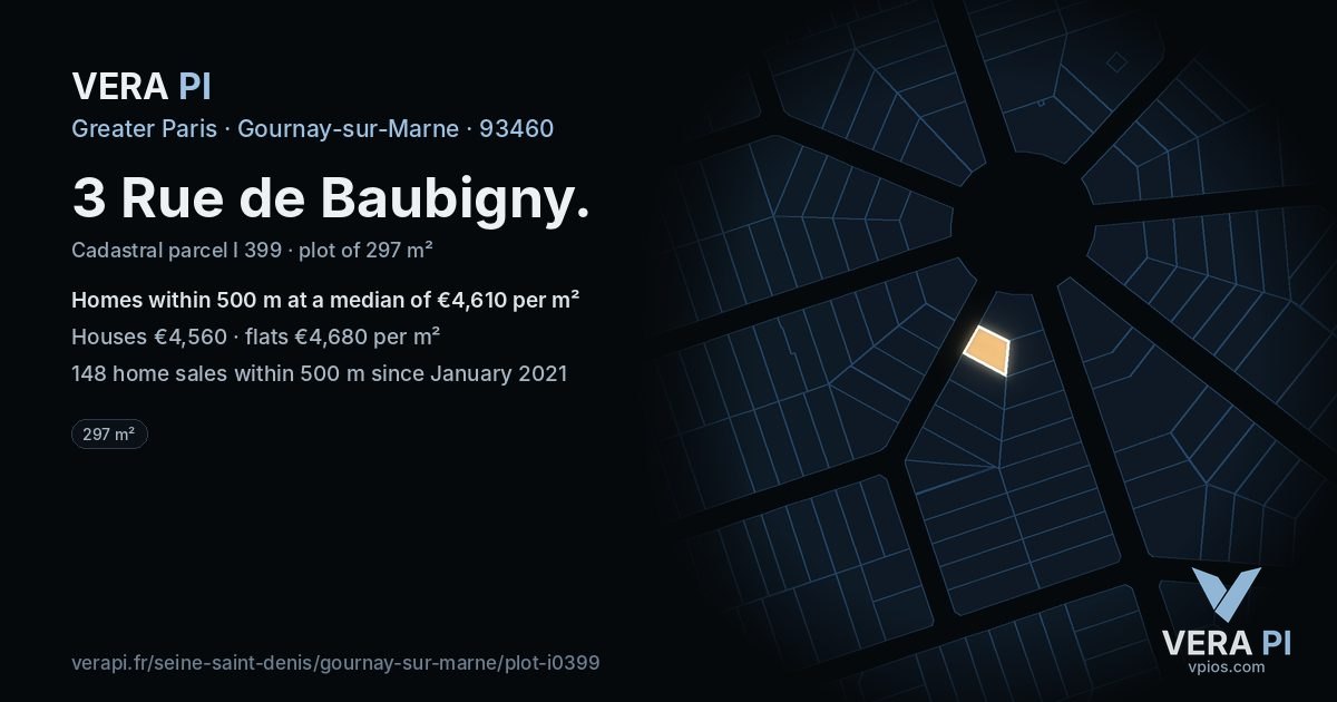3 Rue de Baubigny, Gournay-sur-Marne at night – the plot lit, the parcels around coloured by the prices near them