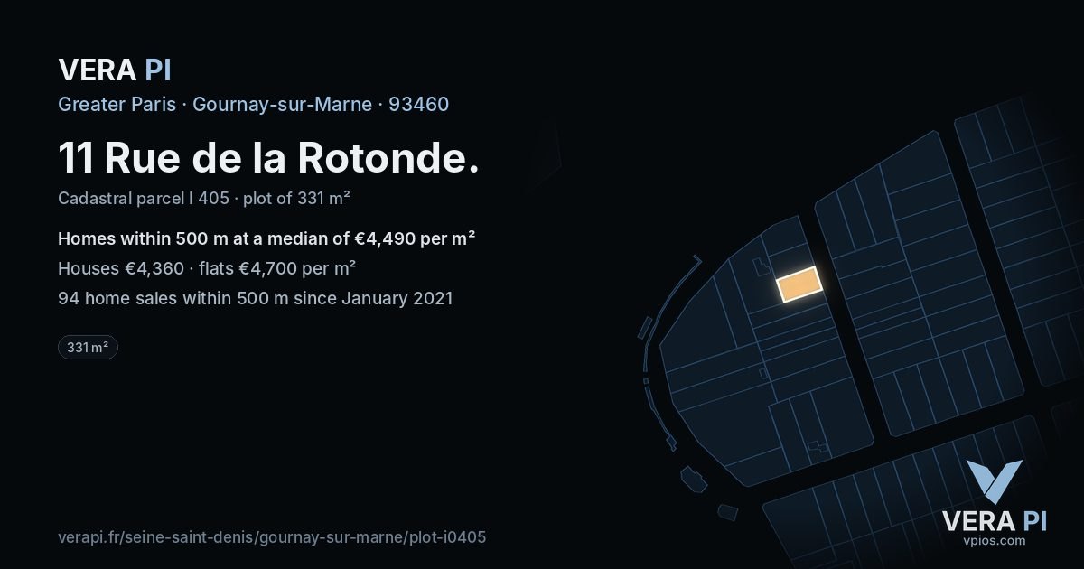11 Rue de la Rotonde, Gournay-sur-Marne at night – the plot lit, the parcels around coloured by the prices near them