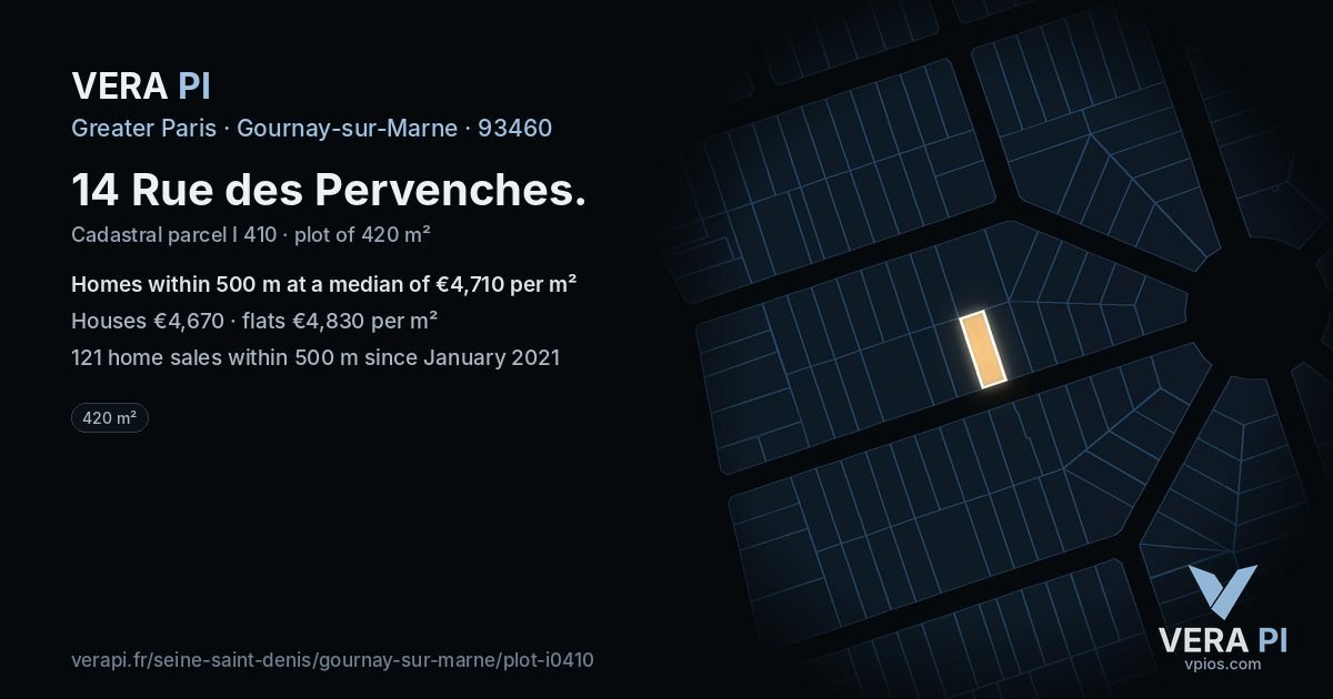 14 Rue des Pervenches, Gournay-sur-Marne at night – the plot lit, the parcels around coloured by the prices near them