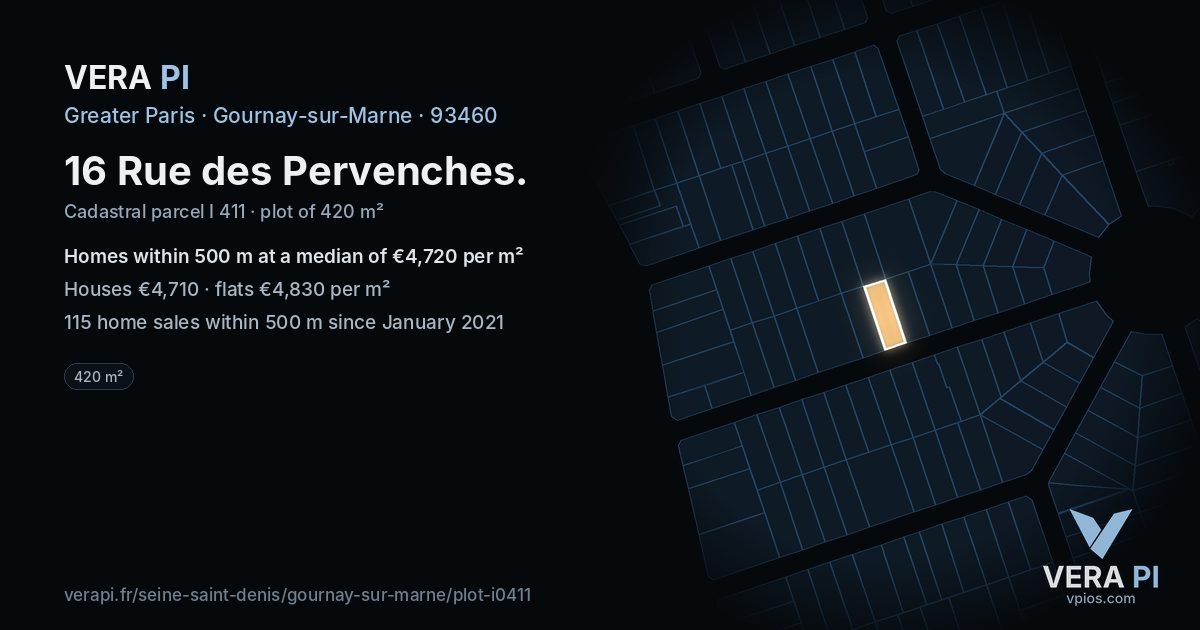 16 Rue des Pervenches, Gournay-sur-Marne at night – the plot lit, the parcels around coloured by the prices near them