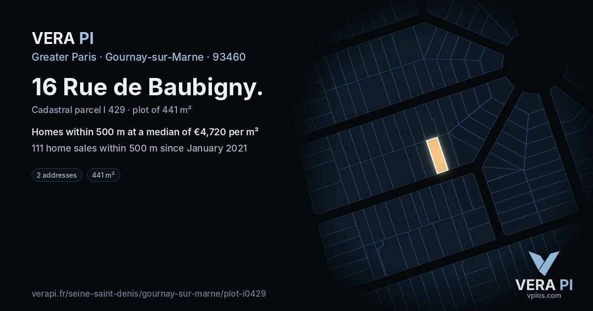 16 Rue de Baubigny, Gournay-sur-Marne at night – the plot lit, the parcels around coloured by the prices near them