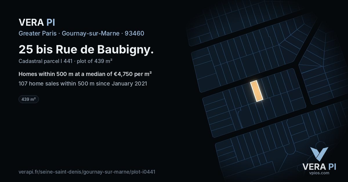 25 bis Rue de Baubigny, Gournay-sur-Marne at night – the plot lit, the parcels around coloured by the prices near them