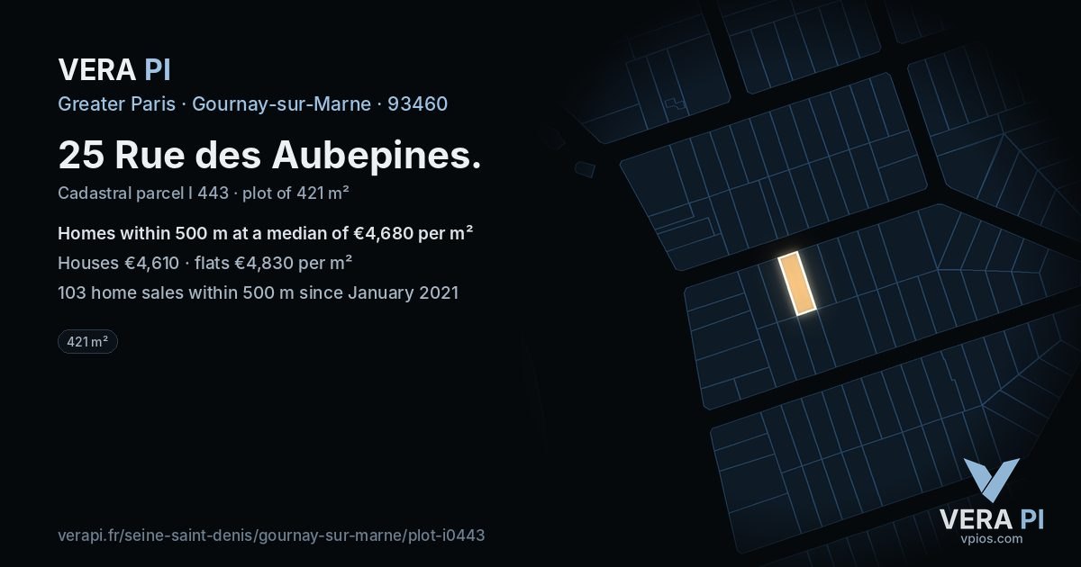 25 Rue des Aubepines, Gournay-sur-Marne at night – the plot lit, the parcels around coloured by the prices near them