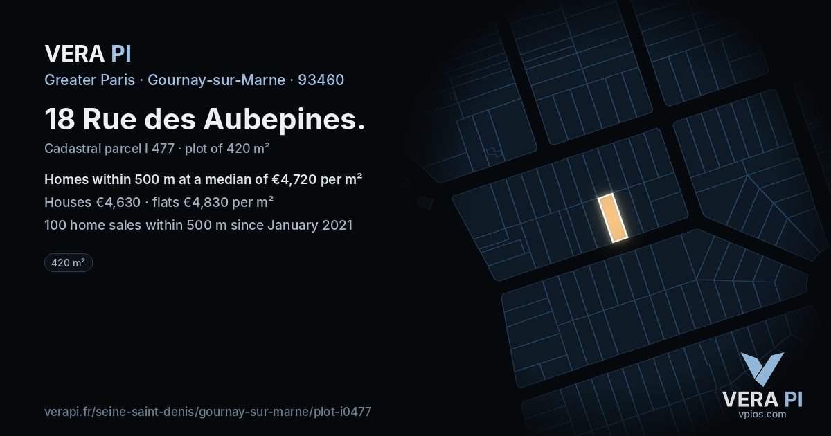 18 Rue des Aubepines, Gournay-sur-Marne at night – the plot lit, the parcels around coloured by the prices near them