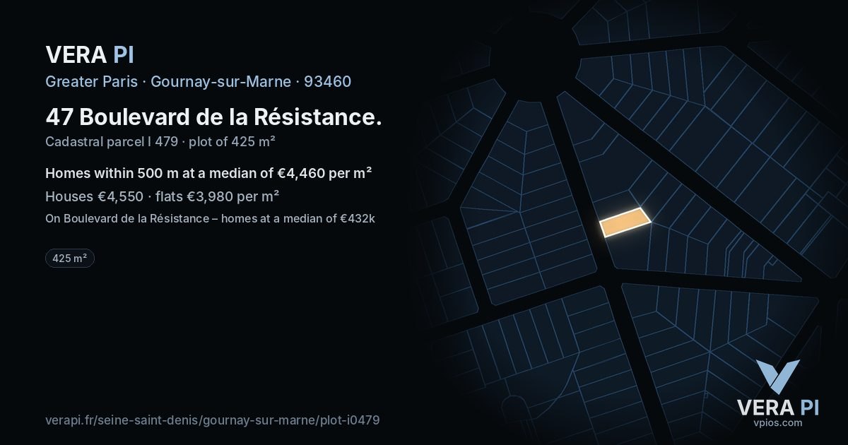 47 Boulevard de la Résistance, Gournay-sur-Marne at night – the plot lit, the parcels around coloured by the prices near them