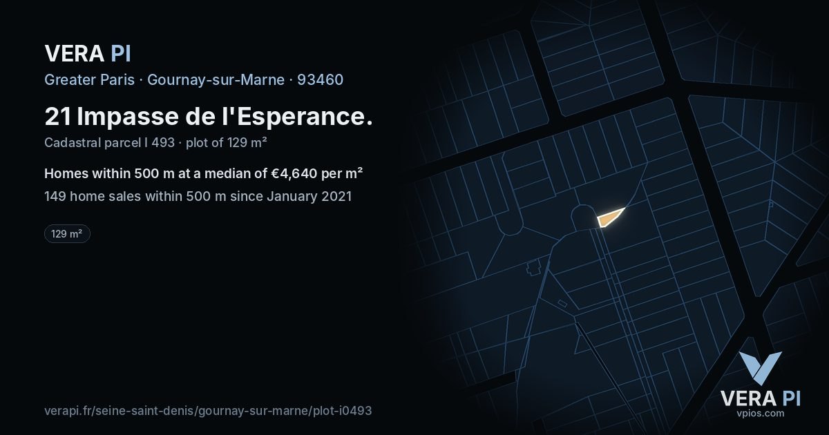 21 Impasse de l'Esperance, Gournay-sur-Marne at night – the plot lit, the parcels around coloured by the prices near them