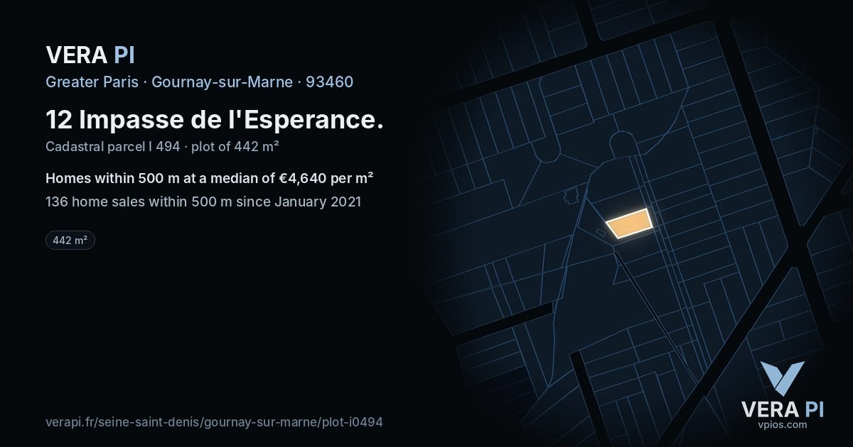 12 Impasse de l'Esperance, Gournay-sur-Marne at night – the plot lit, the parcels around coloured by the prices near them
