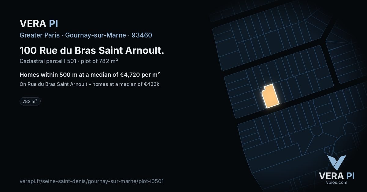 100 Rue du Bras Saint Arnoult, Gournay-sur-Marne at night – the plot lit, the parcels around coloured by the prices near them