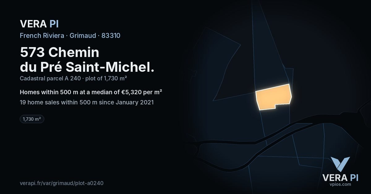 573 Chemin du Pré Saint-Michel, Grimaud at night – the plot lit, the parcels around coloured by the prices near them