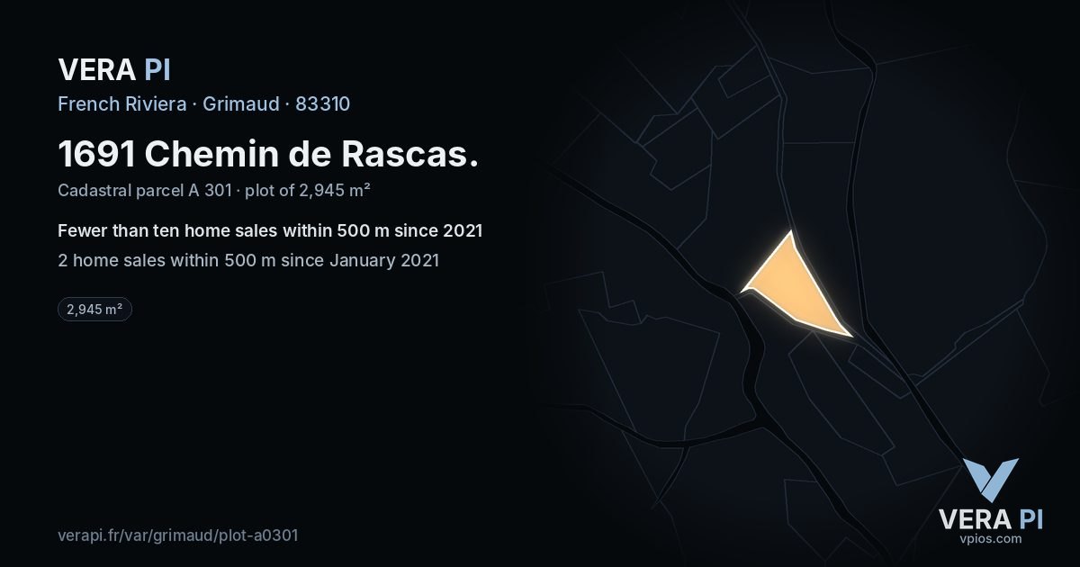 1691 Chemin de Rascas, Grimaud at night – the plot lit, the parcels around coloured by the prices near them