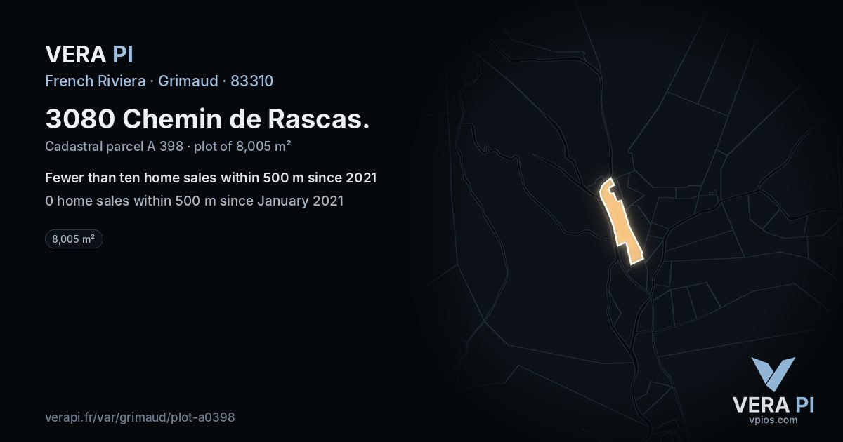 3080 Chemin de Rascas, Grimaud at night – the plot lit, the parcels around coloured by the prices near them