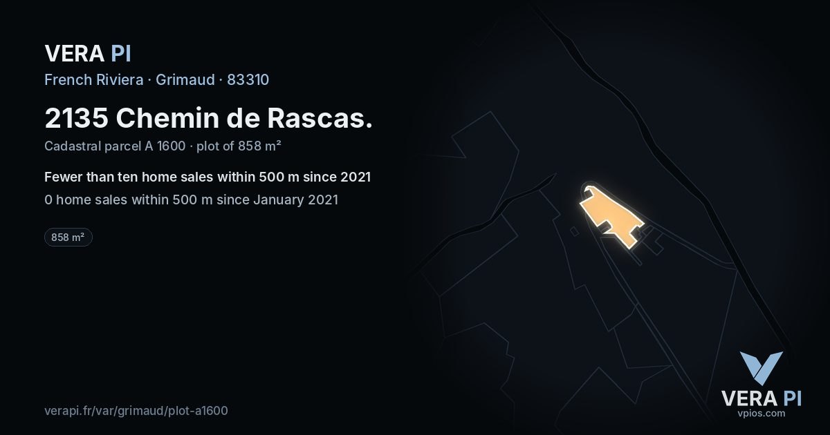 2135 Chemin de Rascas, Grimaud at night – the plot lit, the parcels around coloured by the prices near them