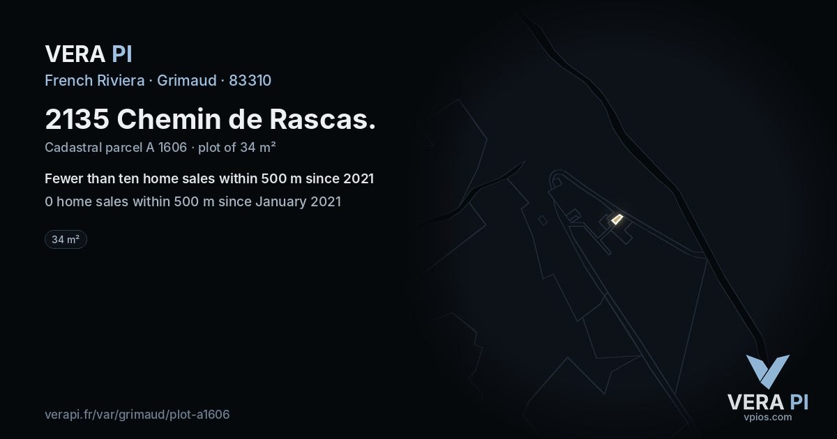 2135 Chemin de Rascas, Grimaud at night – the plot lit, the parcels around coloured by the prices near them