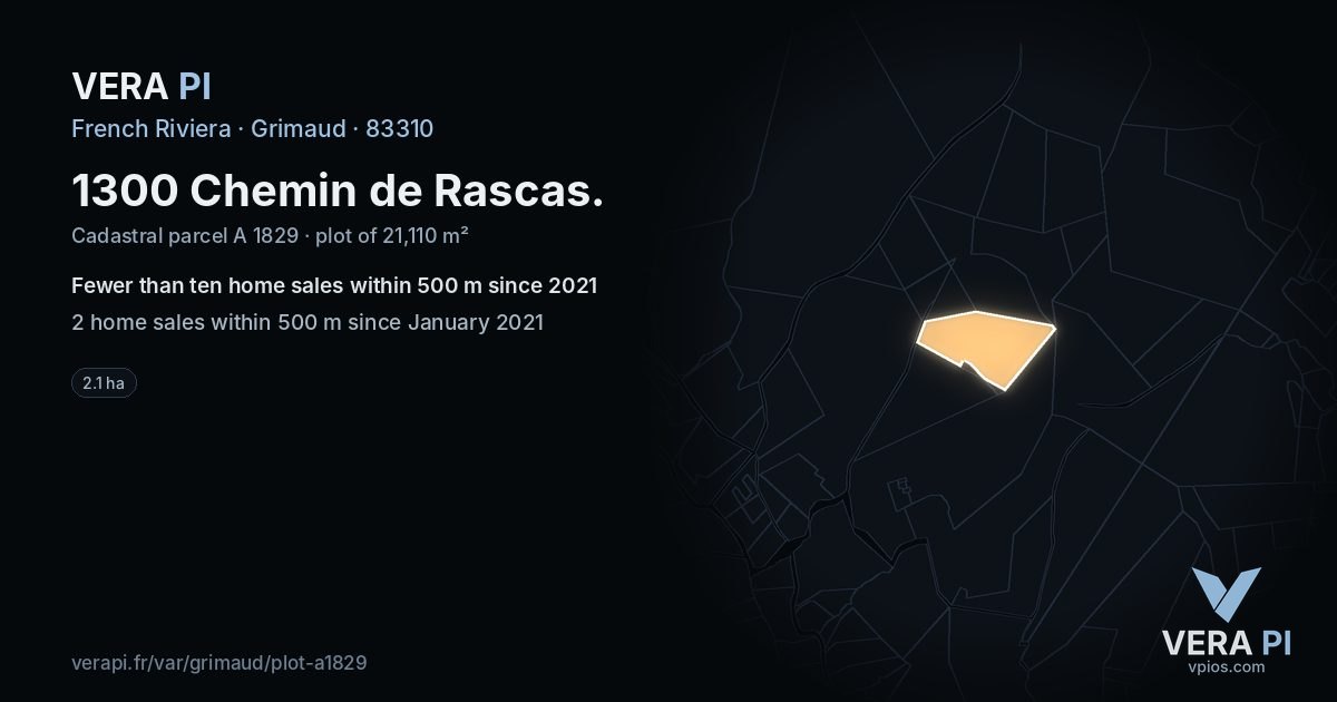 1300 Chemin de Rascas, Grimaud at night – the plot lit, the parcels around coloured by the prices near them