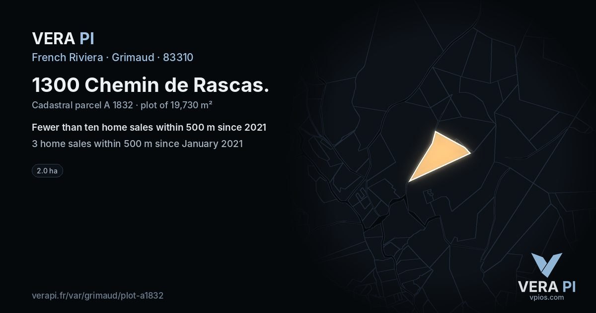 1300 Chemin de Rascas, Grimaud at night – the plot lit, the parcels around coloured by the prices near them