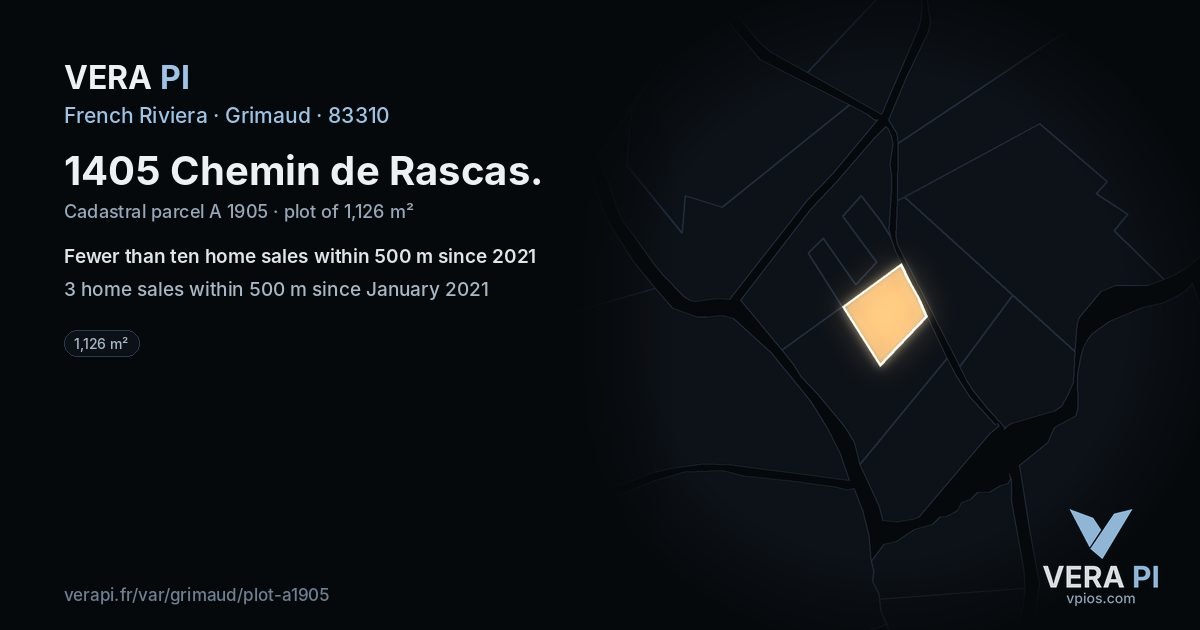 1405 Chemin de Rascas, Grimaud at night – the plot lit, the parcels around coloured by the prices near them