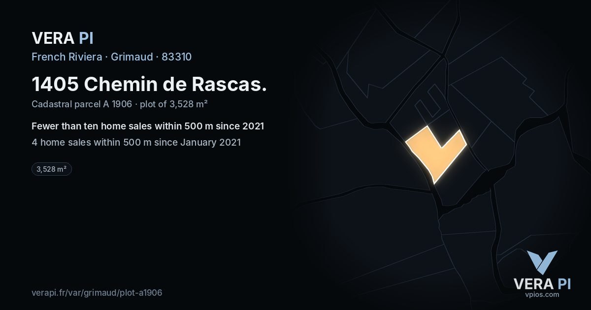 1405 Chemin de Rascas, Grimaud at night – the plot lit, the parcels around coloured by the prices near them