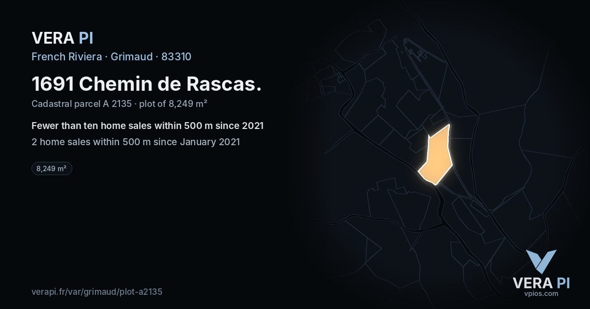 1691 Chemin de Rascas, Grimaud at night – the plot lit, the parcels around coloured by the prices near them