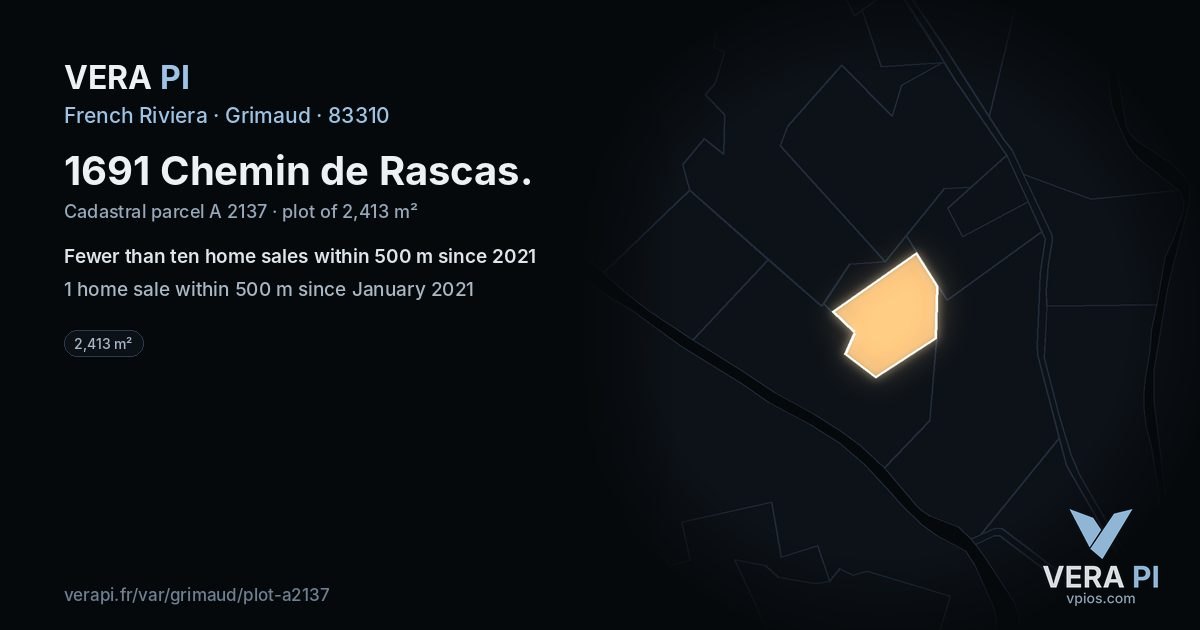 1691 Chemin de Rascas, Grimaud at night – the plot lit, the parcels around coloured by the prices near them