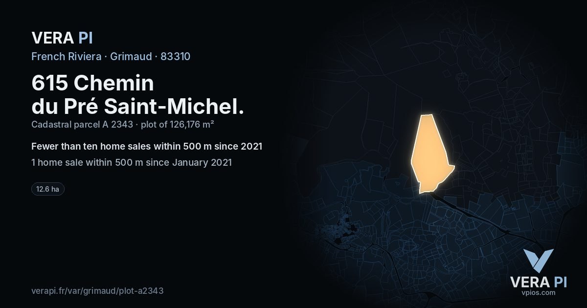 615 Chemin du Pré Saint-Michel, Grimaud at night – the plot lit, the parcels around coloured by the prices near them