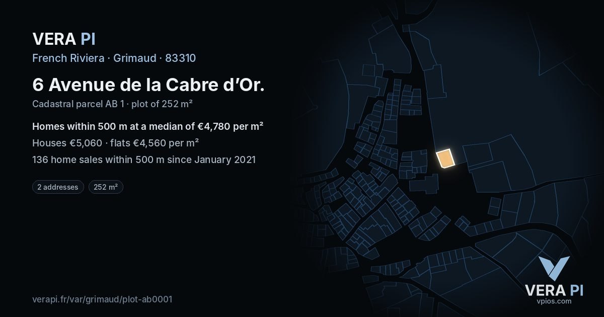 6 Avenue de la Cabre d’Or, Grimaud at night – the plot lit, the parcels around coloured by the prices near them