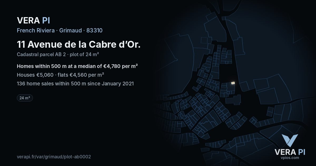 11 Avenue de la Cabre d’Or, Grimaud at night – the plot lit, the parcels around coloured by the prices near them