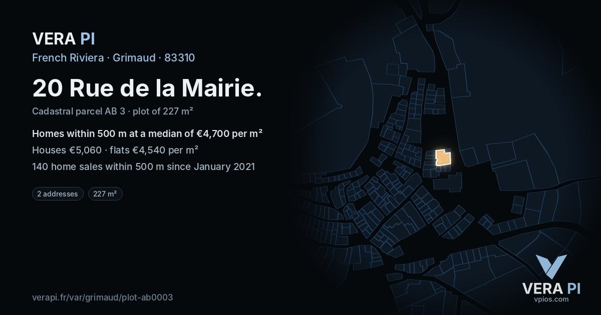 20 Rue de la Mairie, Grimaud at night – the plot lit, the parcels around coloured by the prices near them
