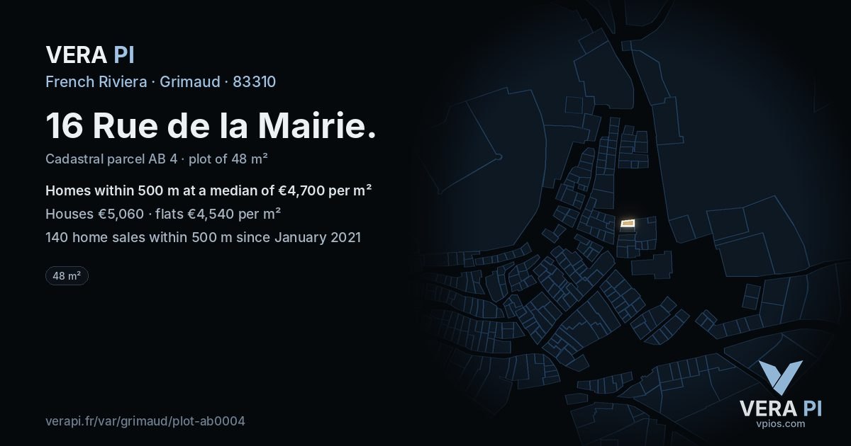 16 Rue de la Mairie, Grimaud at night – the plot lit, the parcels around coloured by the prices near them
