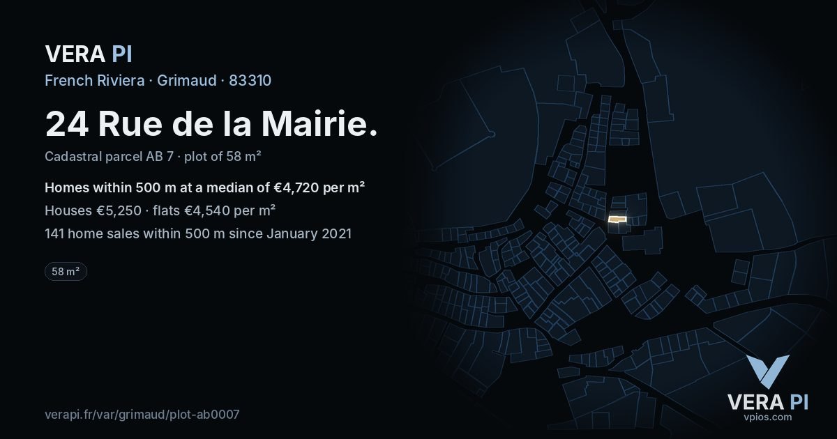 24 Rue de la Mairie, Grimaud at night – the plot lit, the parcels around coloured by the prices near them