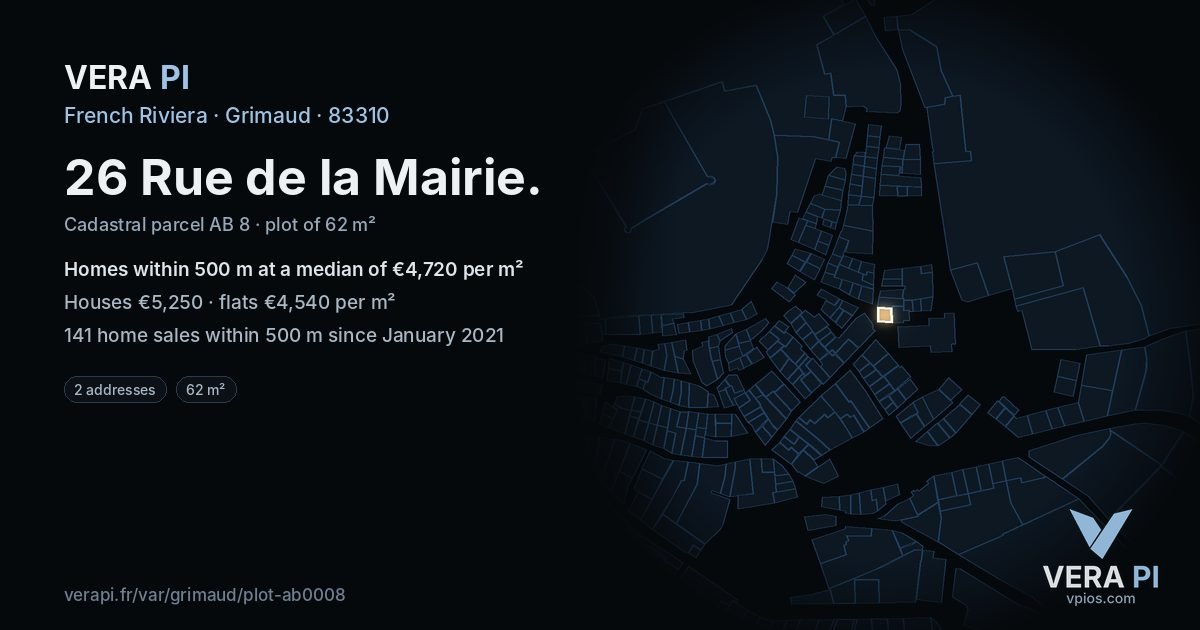 26 Rue de la Mairie, Grimaud at night – the plot lit, the parcels around coloured by the prices near them