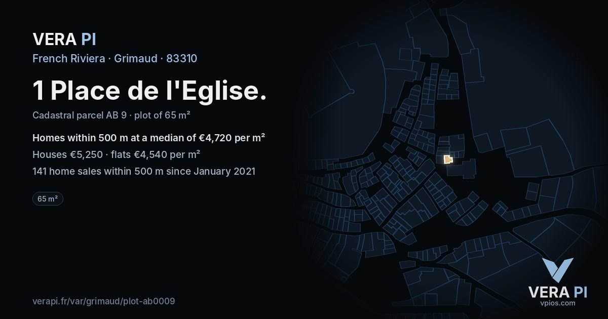 1 Place de l'Eglise, Grimaud at night – the plot lit, the parcels around coloured by the prices near them