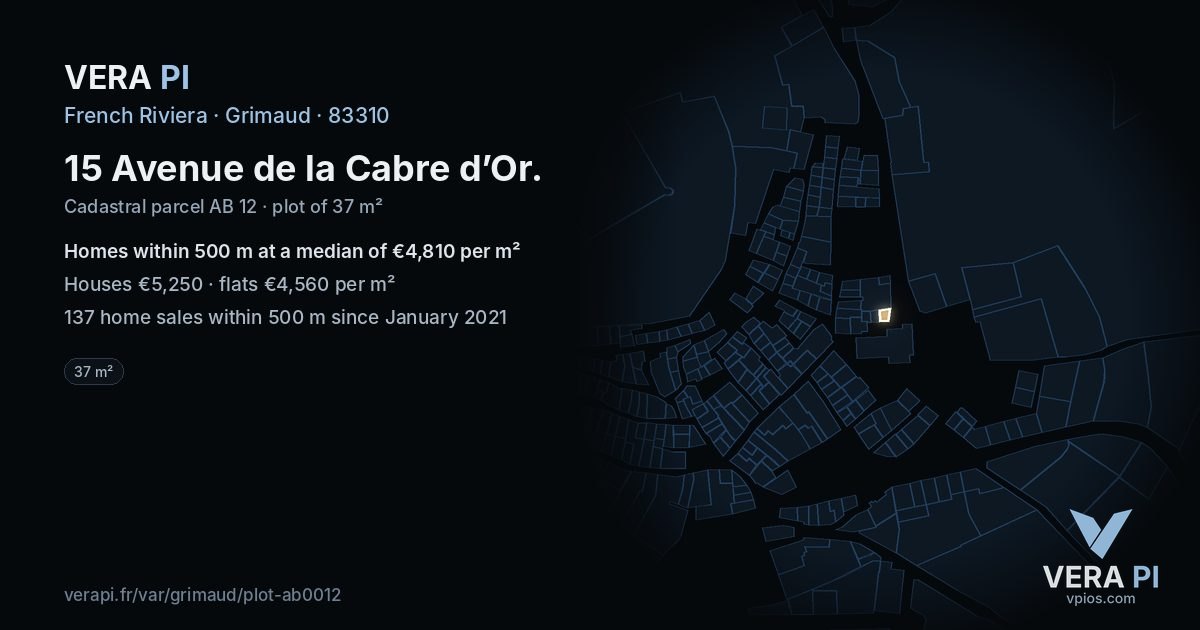 15 Avenue de la Cabre d’Or, Grimaud at night – the plot lit, the parcels around coloured by the prices near them