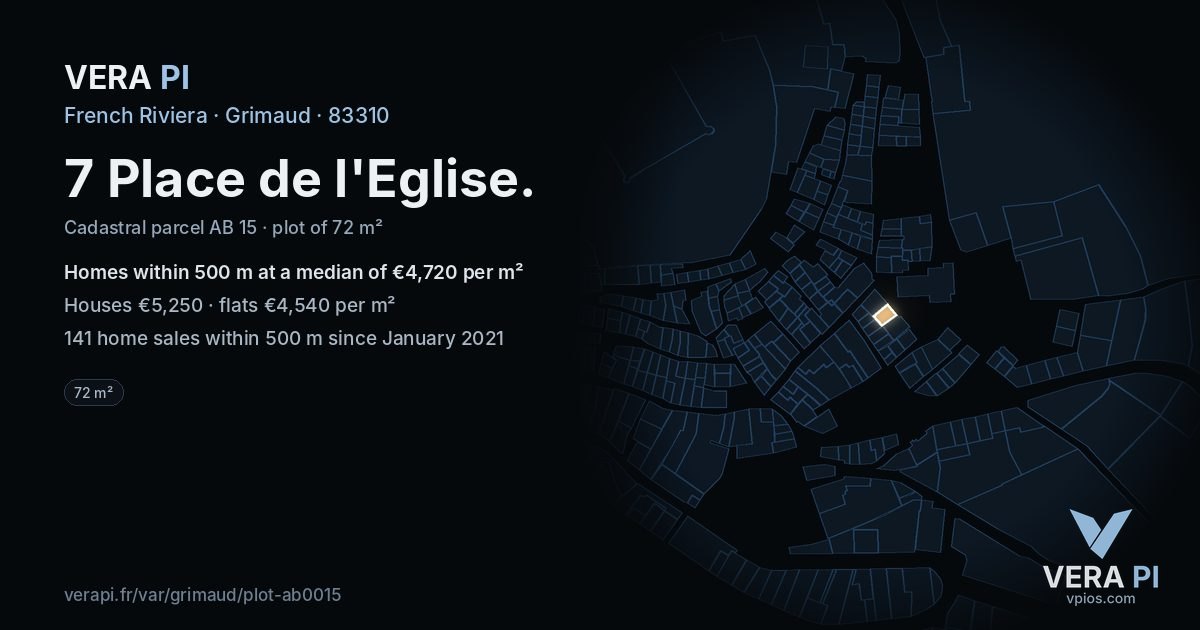 7 Place de l'Eglise, Grimaud at night – the plot lit, the parcels around coloured by the prices near them