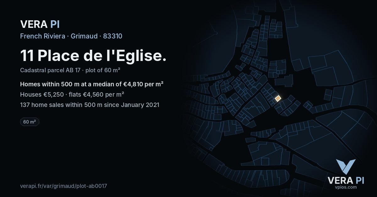 11 Place de l'Eglise, Grimaud at night – the plot lit, the parcels around coloured by the prices near them