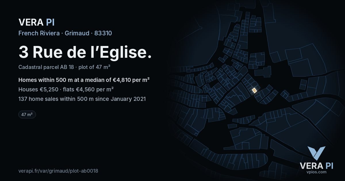 3 Rue de l’Eglise, Grimaud at night – the plot lit, the parcels around coloured by the prices near them