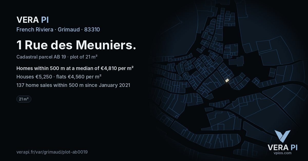 1 Rue des Meuniers, Grimaud at night – the plot lit, the parcels around coloured by the prices near them