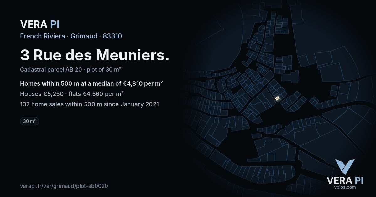 3 Rue des Meuniers, Grimaud at night – the plot lit, the parcels around coloured by the prices near them