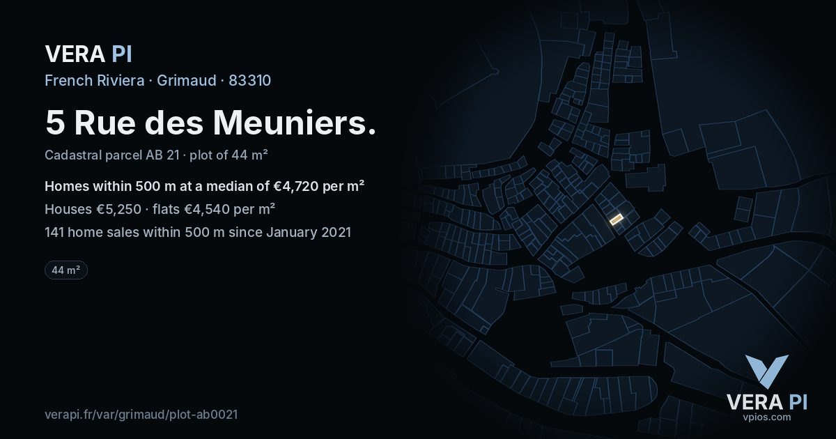 5 Rue des Meuniers, Grimaud at night – the plot lit, the parcels around coloured by the prices near them