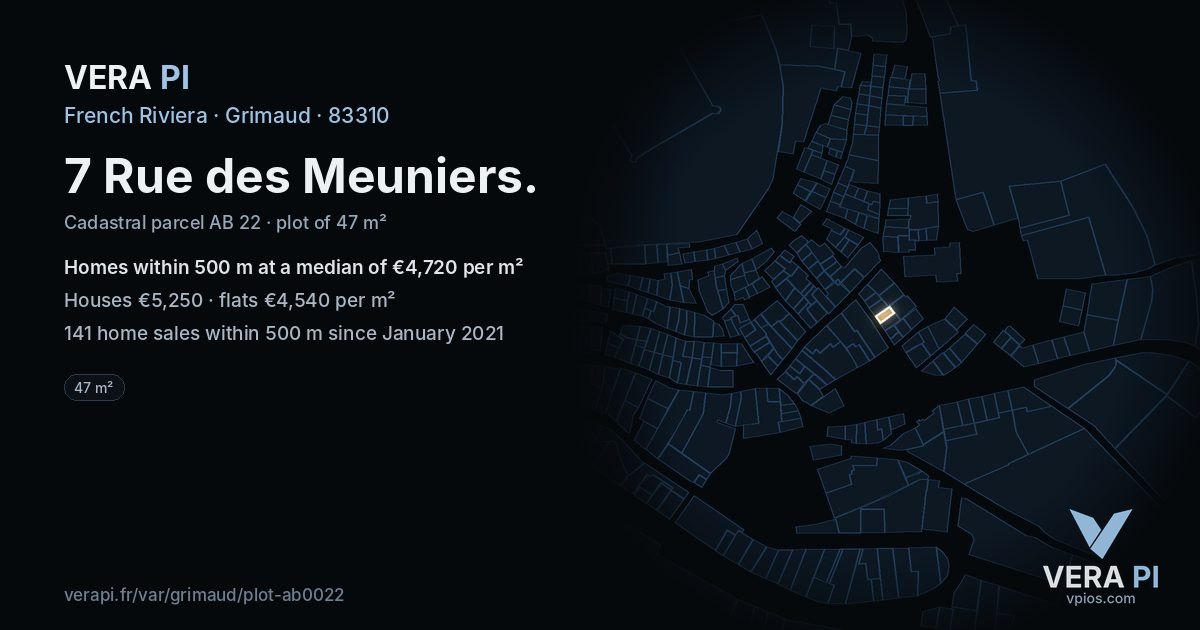 7 Rue des Meuniers, Grimaud at night – the plot lit, the parcels around coloured by the prices near them