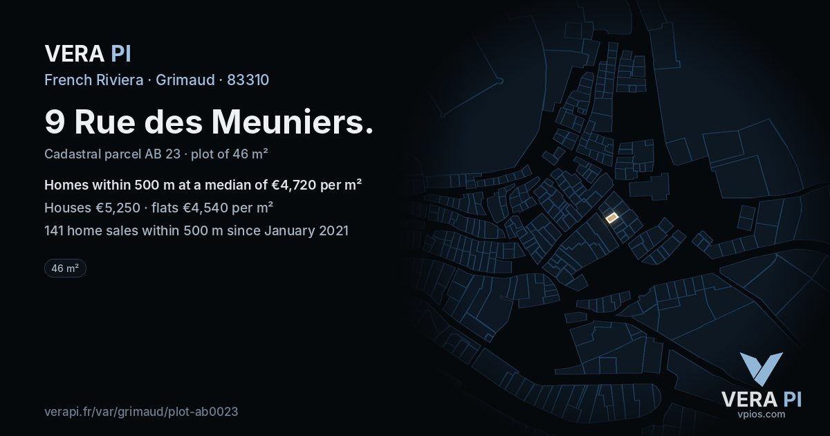 9 Rue des Meuniers, Grimaud at night – the plot lit, the parcels around coloured by the prices near them